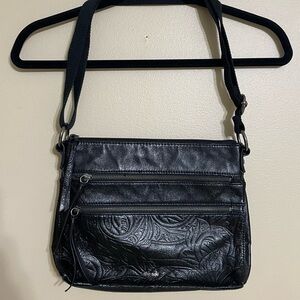 The Sak Black Reseda Multi Zip Embossed Leaf‎ Detail Crossbody Purse 11" x 9"